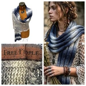 Free People Mesh Crochet Shawl Blue Ombre Alpaca Chunky Knit Boho Fairy Grunge